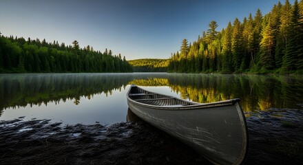 Obraz premium A serene canoe resting on the shore of a calm lake at sunrise.