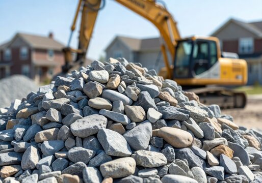 Close-up of a large pile of gravel and rocks, with a blurred construction site featuring an excavator and new houses in the background.