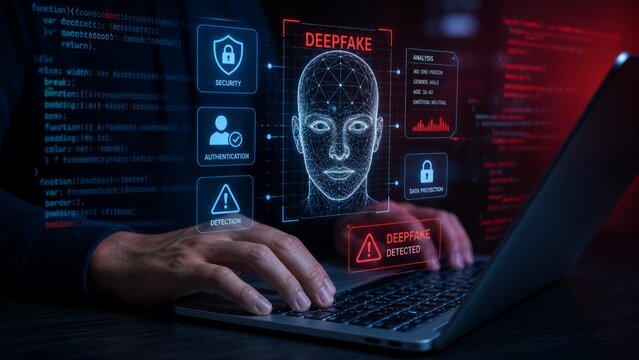 Deepfake detection cybersecurity concept with AI security, authentication, data protection, facial recognition analysis, fraud prevention and digital identity verification on computer system.