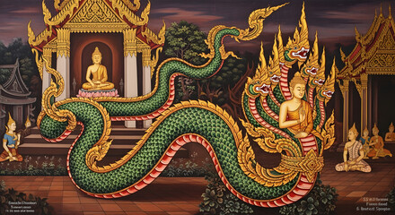 Obraz premium Buddha statue with green serpent.