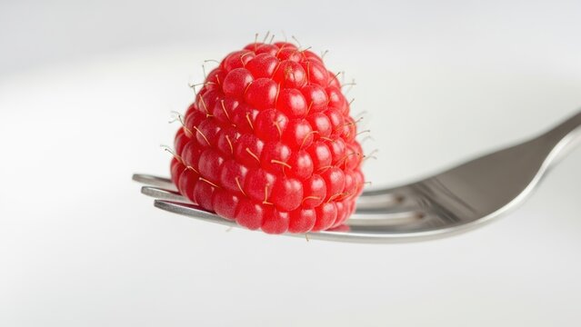 A single fresh raspberry resting on the tines of a silver fork.