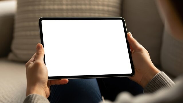 A person holding a tablet with a blank white screen, seen from over the shoulder.