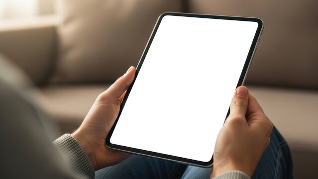 A person holding a tablet computer with a blank screen in portrait orientation.