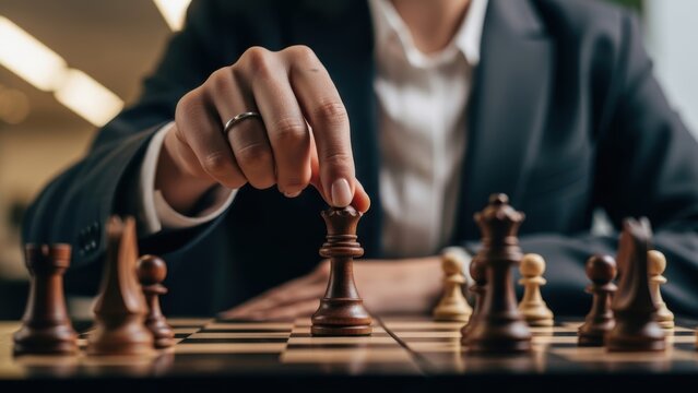 A businessperson's hand making a strategic move with the queen in a chess game.