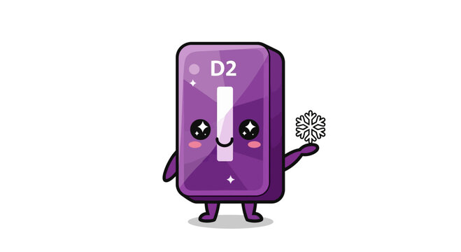 Cute Vitamin D2 Cartoon Character Holding Snowflake, Isolated on White