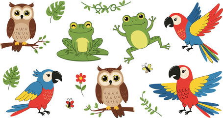 Obraz premium Cute Owl Frog and Parrot Cartoon Animal Set with Tropical Nature Elements Collection