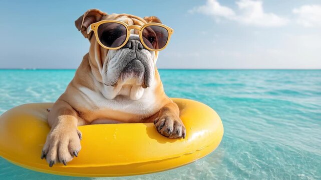 Funny English Bulldog with sunglasses relaxing on a yellow float in the tropical blue ocean water.