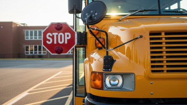 Close-up of a school bus front and stop sign in a parking lot.