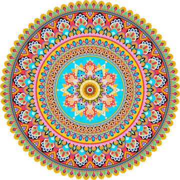 Vibrant mandala design. Colorful vintage ornament and intricate vector pattern. Decorative elements, Festival, Indian, Turkish, Pakistan, ottoman motifs. Circular design for print, fabric, textile.	