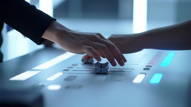 Gender-neutral hands in modern business-casual attire meticulously adjust a futuristic control panel with pulsating LED lights in a sleek high-tech innovation lab, shallow depth of field. Concept of