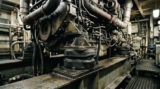 Medium shot of rubber mounts absorbing vibrations beneath a heavy marine engine showcasing durable isolation technology in a maritime setting.