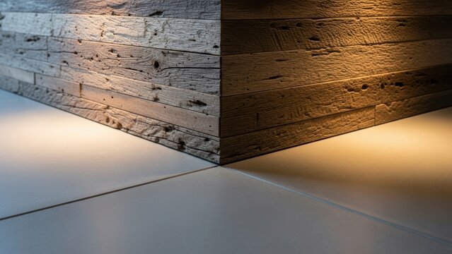The corner of a wall clad in reclaimed wood with accent lighting.