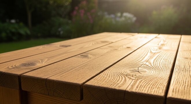 Wooden picnic table bathed in golden sunlight in a garden