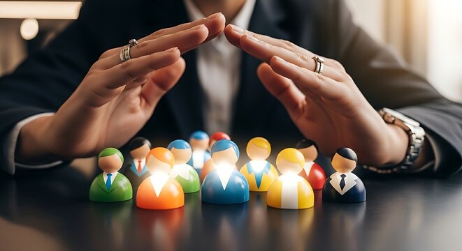 Human capital value concept. An HR director's hands protect a group of glowing 'person icons', representing the value of human capital.