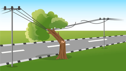 Fallen tree leaning onto power lines beside a road, illustrating electrical hazard and infrastructure disruption, Tree hitting power lines on roadside © Salsabila Roudlotul