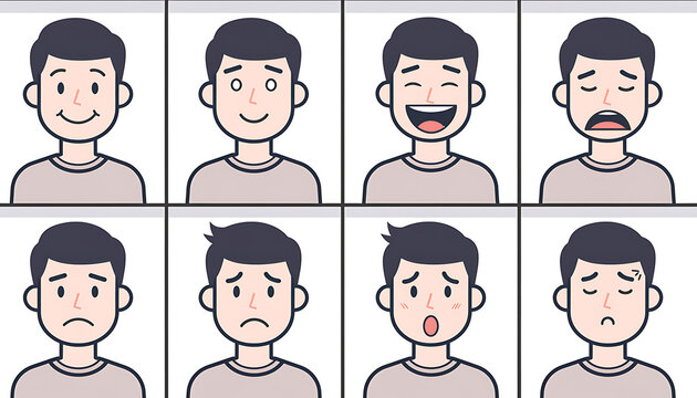 Cartoon man with various facial expressions.