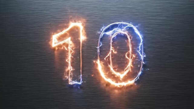 Animated Number Ten Formed by Electric Sparks and Lightning Effects on a Metallic Background