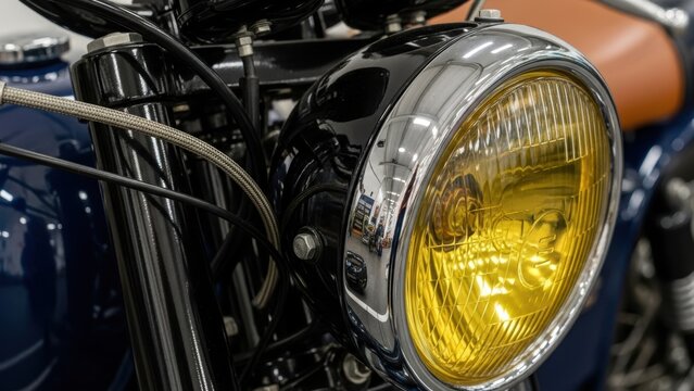 Close-up of a vintage motorcycle's yellow headlight.