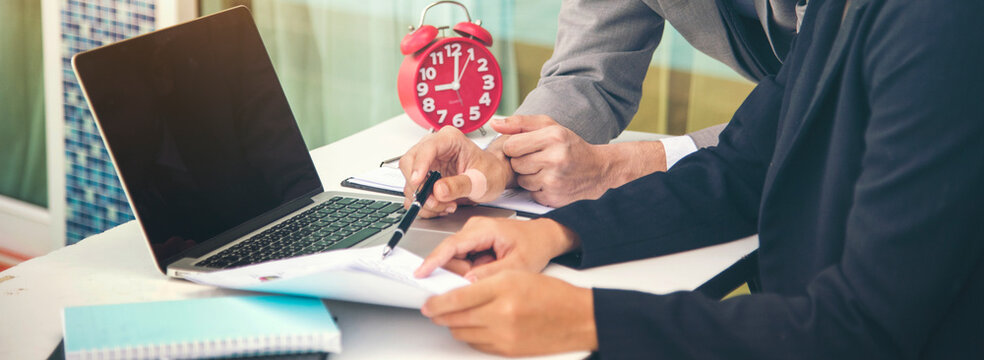 Banner Mission team meeting team BusinessPeople teamwork with copy space. Banner Business strategy team report chart, graph, infographic data analyze financial report plan. Teamwork collaborate