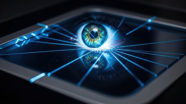 Futuristic iris scan with blue lasers on a digital screen.