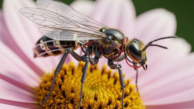 A robotic bee on a pink flower.
