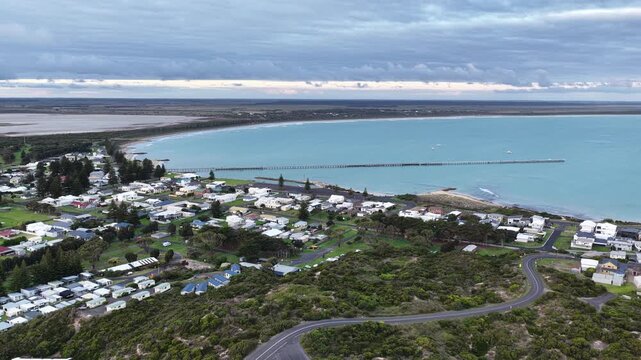 Beachport, South Australia at sunset: 4K aerial drone footage of coastal town, Bowman Beach, Pool of Siloam, Post Office Rock and coastal townscape