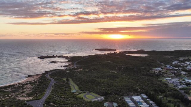 Beachport, South Australia at sunset: 4K aerial drone footage of coastal town, Bowman Beach, Pool of Siloam, Post Office Rock and coastal townscape