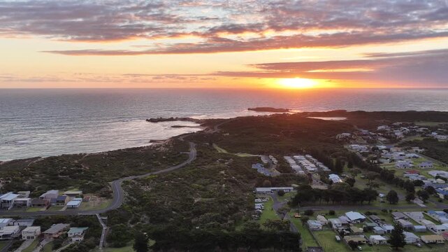 Beachport, South Australia at sunset: 4K aerial drone footage of coastal town, Bowman Beach, Pool of Siloam, Post Office Rock and coastal townscape