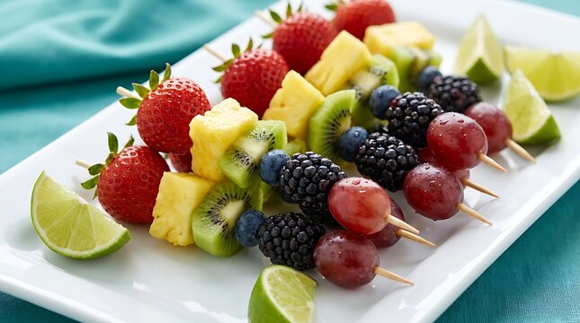 Fresh fruit skewers with strawberries pineapple kiwi blueberries blackberries and grapes served on a white platter for party