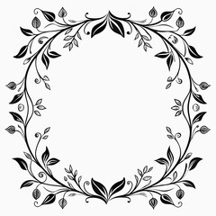 Black and white floral wreath border with leaves and swirls, floral pattern © Tawhitul