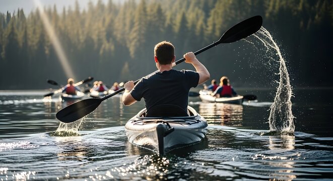 Group of people kayaking on a scenic mountain lake at sunset.