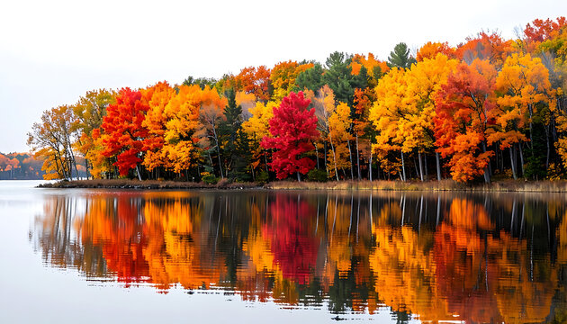 Vibrant autumn forest with fiery red and golden yellow trees reflected in calm lake water, showcasing the peak colors of fall season