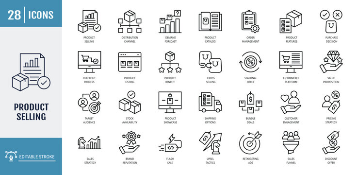 Product selling icon set. Including customer journey, bundle deals, flash sales, shipping options, checkout process, payment gateway. outline icon set. vector illustration with editable stroke