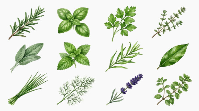 Watercolor Aromatic Herbs Set &mdash; Rosemary, Basil, Parsley, Thyme, Sage, Mint, Tarragon, Bay Leaf, Chives, Dill and Lavender