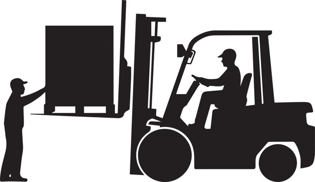 Worker loading pallet onto forklift in warehouse setting Vector