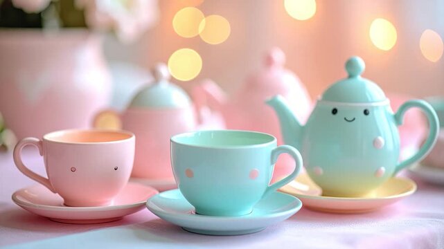 Pastel tea set includes cups, saucers, and smiling teapots. Blurry background of lights