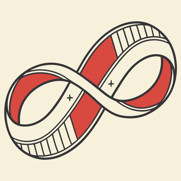 Red and cream infinity illustration with hatching details never ending no end
