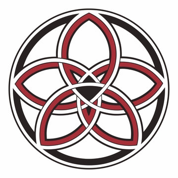 Red and black pentacle knot inside a circle with pentacle, interlocking