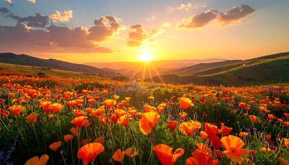 Naklejka premium Vibrant field of California poppies and wildflowers blooming at sunset, sun rays bursting through clouds, rolling hills landscape