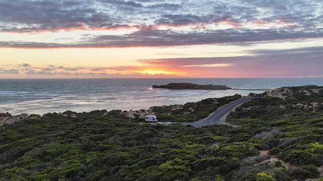 Beachport, South Australia at sunset: 4K aerial drone footage of coastal town, Bowman Beach, Pool of Siloam, Post Office Rock and coastal townscape