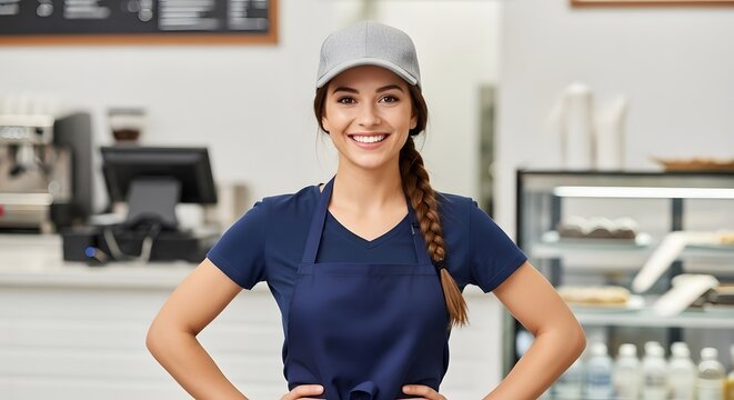 Smiling female barista wearing a cap and apron in a modern coffee shop.