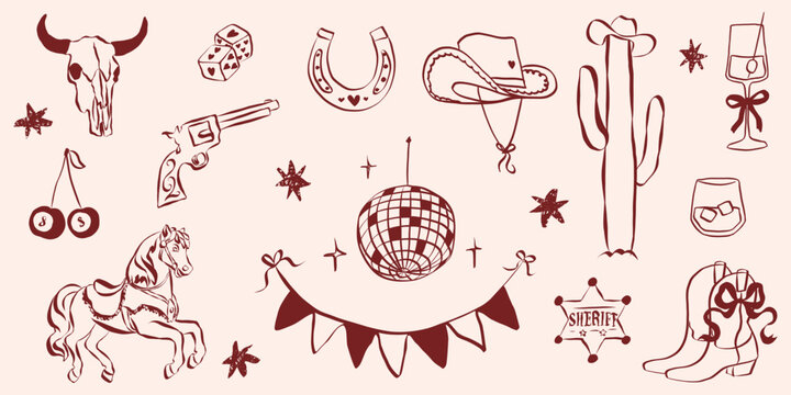 Cowgirl disco party essentials with pink cowboy hats, boots and horseshoes. Retro western doodle set featuring girly illustrations, guitars, and bachelorette celebration icons.