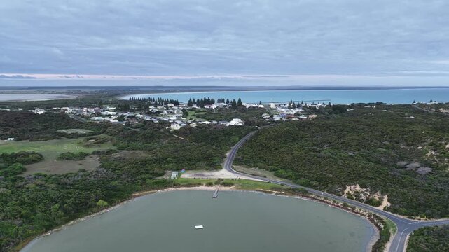 Beachport, South Australia at sunset: 4K aerial drone footage of coastal town, Bowman Beach, Pool of Siloam, Post Office Rock and coastal townscape