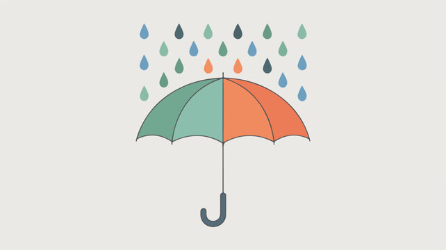 A vibrant minimalist illustration featuring colorful raindrops showering upon an open umbrella, symbolizing protection and changing weather conditions