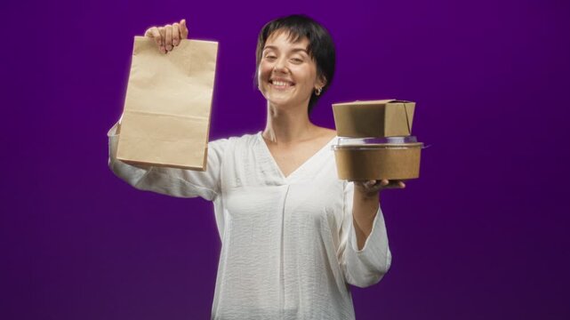 Woman holding a brown paper bag in one hand and stacked takeaway boxes in the other, presenting them to camera in studio with a friendly smile; sharing happiness.