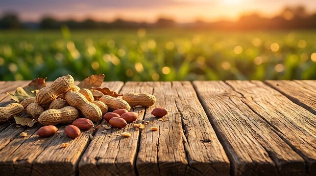 Peanuts in shells and kernels on a rustic wooden table with a blurred agricultural field background