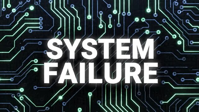 The stark text "SYSTEM FAILURE" is prominently displayed across a dark, complex digital circuit board with glowing green lines representing data flow, signifying technological breakdown