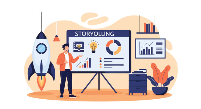 Businessman presenting on storyboard chart.