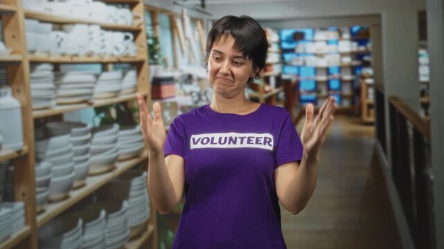 Woman with hands open gesturing in a building among ceramic shelves wearing a purple volunteer tshirt; community service uncertainty.