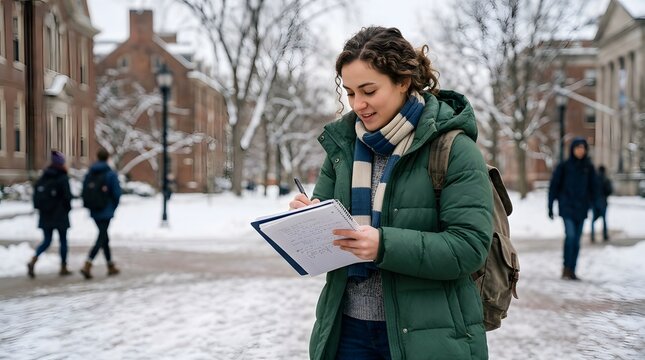 Female student wearing a green jacket writing in her notepad on a snowy university campus for a winter education and learning concept during the cold academic season